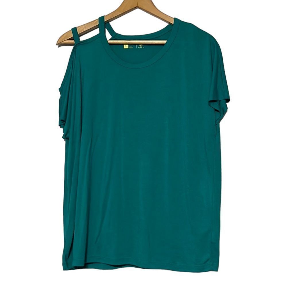Xersion Top Women’s Size Large Green Cold Shoulder Short Sleeve Semi Fit NEW